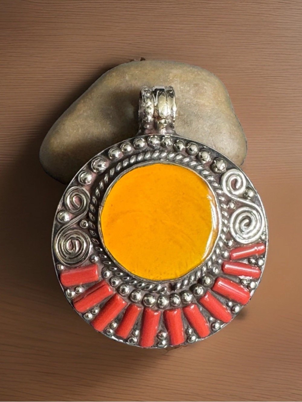 Handmade Indo-Tibet Tribal Pendant Inlay Amber Resin & Coral Set In Silver 27gr